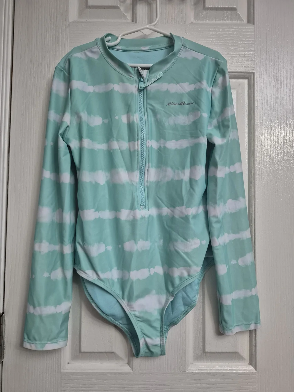 Eddie Bauer Aqua and White Striped Long-Sleeve Kids Rashguard
